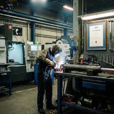 En certifierad tekniker utför precisionssvetsning på en hydraulcylinder i en modern verkstadsmiljö.