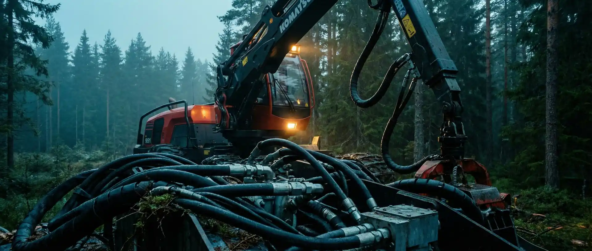 Skogsmaskin som arbetar med avverkning i tät barrskog, med hydraulslangar och griparm i förgrunden.